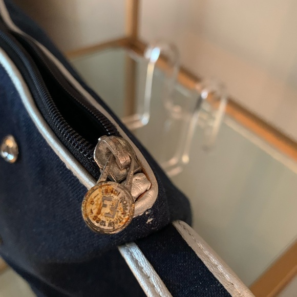 FENDI vintage denim adjustable bag with silver leather piping and rhinestones. - Picture 10 of 16